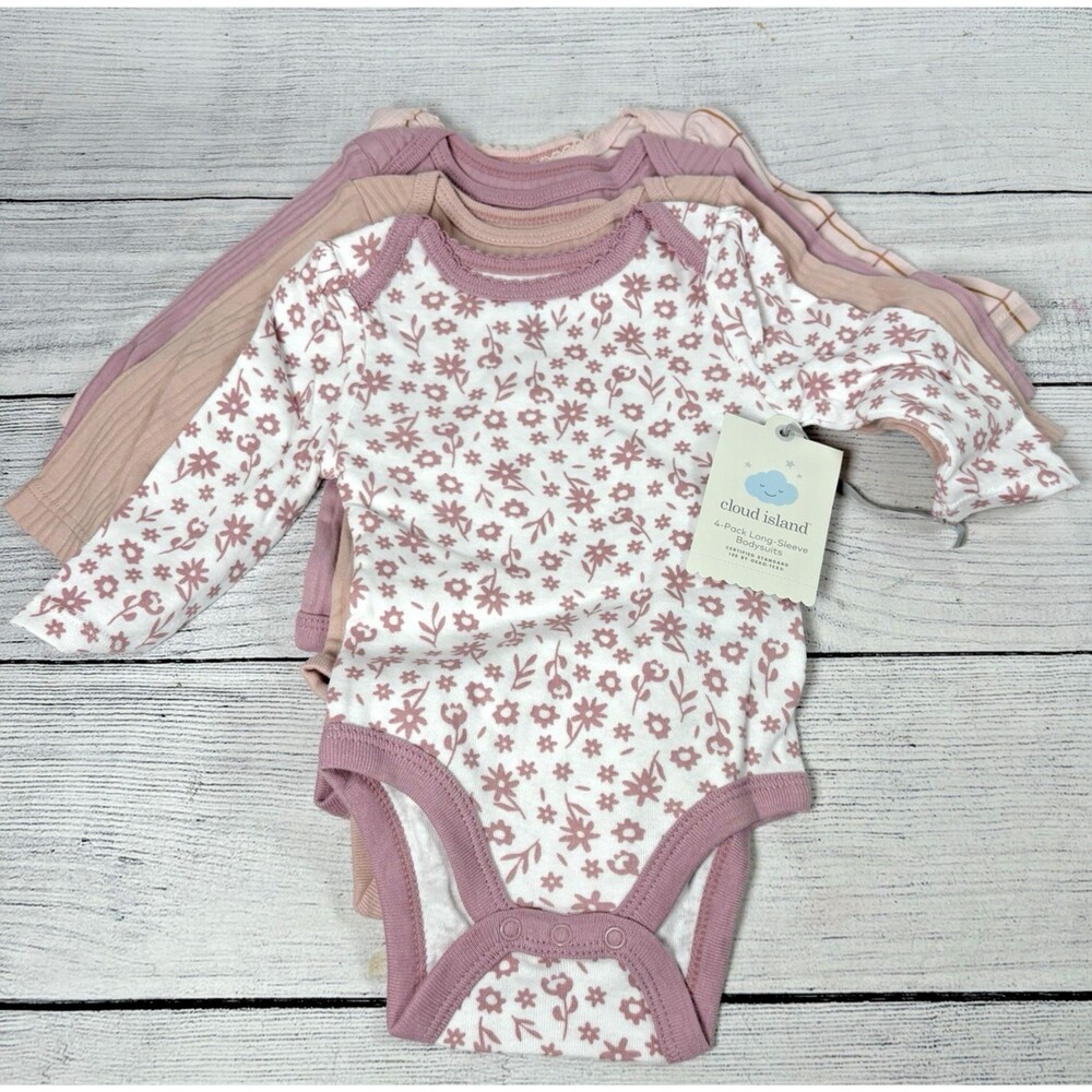 Cloud Island Bodysuits 4 Pack Sz 3-6 Months Long Sleeve Newborn Pink Floral NEW
